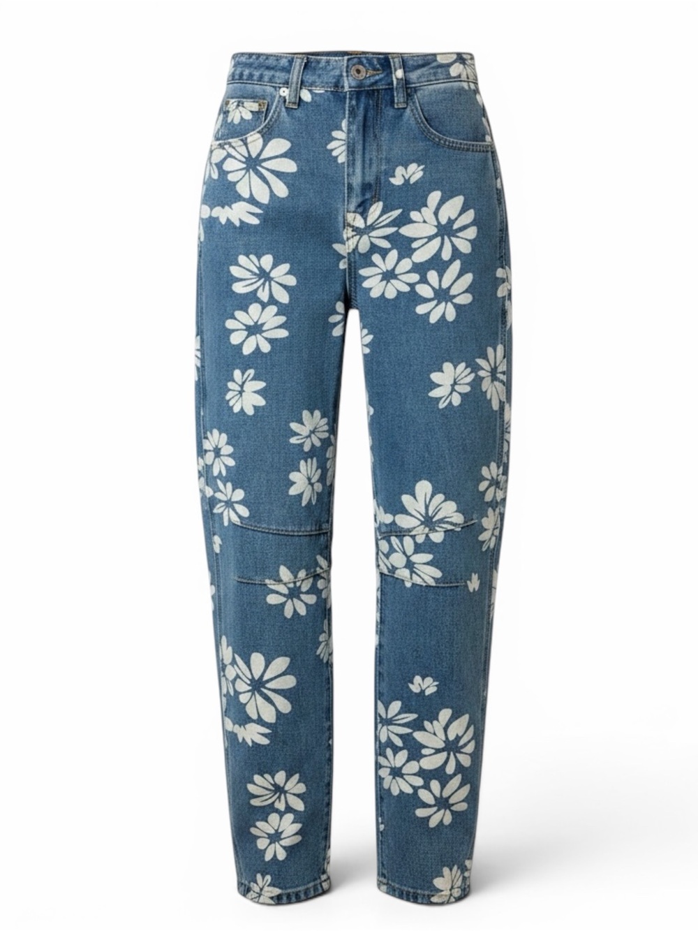 Straight-Leg Floral Print Blue Barrel Jeans